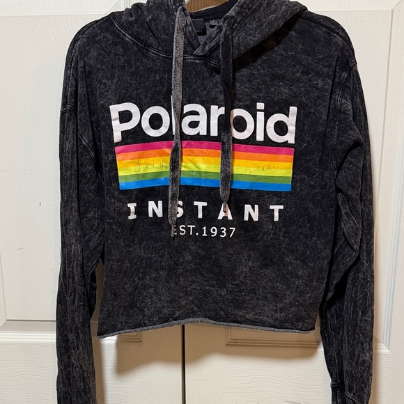 Polaroid Tops - Polaroid Black Cropped Acid-Washed Hoodie with Rainbow Stripe Logo. Size Large